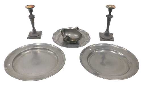 Various early 19thC and other pewter, plate of flared form, 27cm wide, double lipped sauceboat...