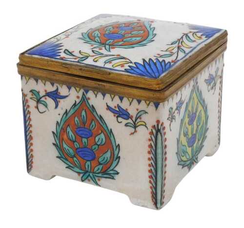A 19thC French Samson Kutahya style porcelain inkwell, of square form, the hinged lid revealing...