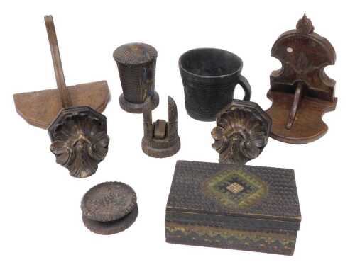 Various 19thC treen, a small oak shelf, 18cm high, heavily carved box with fixed lid, a pair of...
