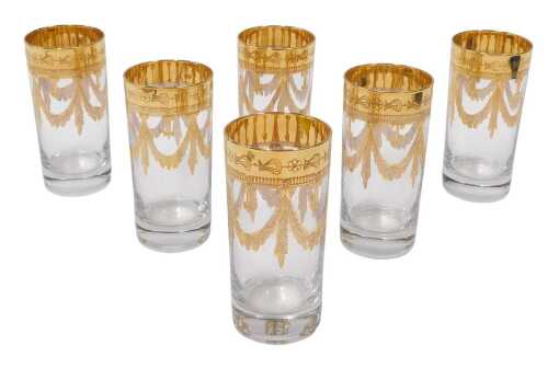 A set of six Interglass Italian Florence style tall glasses, each gilt decorated with garlands,...