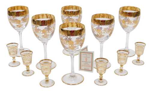 A set of six Interglass Italian Florence style wine glasses, each with gilt floral highlights,...