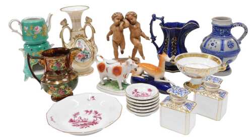 Various 19thC pottery and effects, to include a pottery cow creamer, 9cm high, copper lustre jug,...