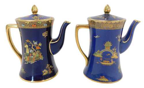 A pair of Carltonware chinoiserie coffee pot, each in cobalt blue, 20cm high.