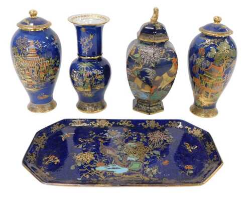 Various Carltonware Bleu Royale chinoiserie pottery, a pair of vases, 24cm high, tray, further...