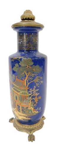 A Carltonware Bleu Royale chinoiserie pottery table lamp, on blue ground, with metal mounts on...