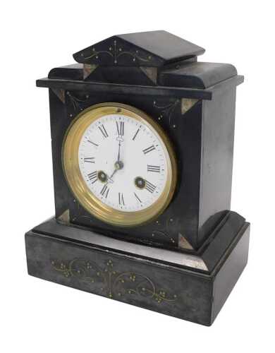 A 19thC black slate and marble mantel clock, the 10cm diameter Roman numeric dial housed in an...