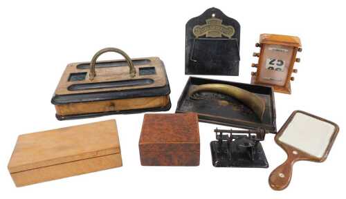 Various treen and related effects, a burr wood box, marked Compliments of L Rothman & Co, 12cm...