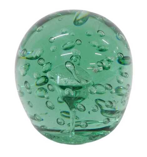 A late 19thC green glass dump paperweight, with orb decoration and rough pontil, 15cm high.