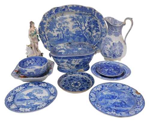 Various 19thC blue and white pottery, an early 19thC Pearlware Chase After a Wolf plate, 24cm...