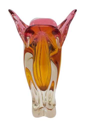 A mid-20thC Murano style glass vase, with flared rim, in clear orange and pink glass, unmarked,...