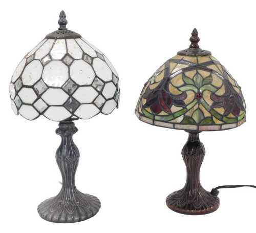 A late 20thC Tiffany style table lamp, in white and clear glass shade on metal stand, 43cm high,...