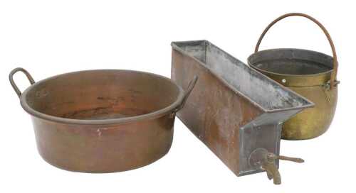 Various metalware, early 20thC brass cauldron of circular form with iron swing handle, 26cm...