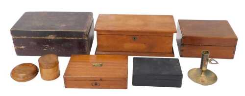 Various treen and effects, a 19thC pine box, 32cm wide, a mahogany instrument box of rectangular...