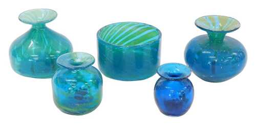 Various Mdina glassware, vase of circular bulbous form, 13cm high, three other vases and a bowl....