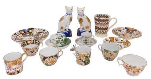 Various 19thC cabinet cups, etc., pottery cats on cushions, 21cm high, Imari cups, saucers,...