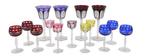 Various Bohemian and other hock glasses, drinking glasses, 13cm high, part suite of wine glasses...