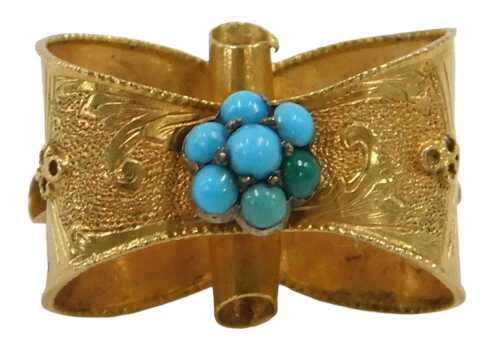 A Victorian bloomed gold brooch, centred with turquoise cluster, on brushed and scroll design,...