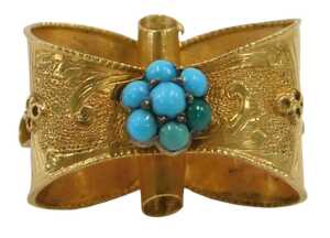 A Victorian bloomed gold brooch, centred with turquoise cluster, on brushed and scroll design,...