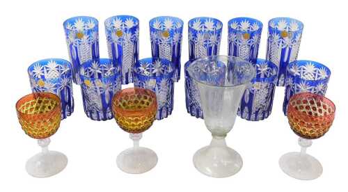 Various Bohemian star cut drinking glasses, blue glass beakers with hobnail cut decoration, 14cm...