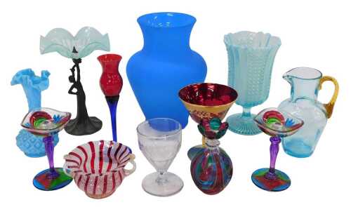 Various glassware, an early 20thC blue glass celery vase, 21cm high, Nailsea style flared glass...