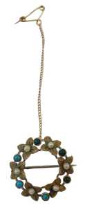 A 20thC circular brooch, formed as a flower ring, set with seed pearls and turquoise, on single...