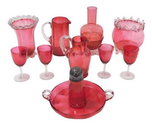 Various cranberry glassware, late 19thC and others, large glass bowl, with clear flared glass...