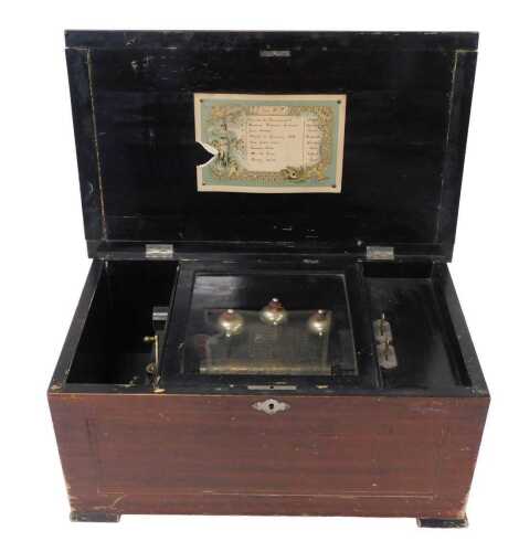 An early 20thC Swiss cylinder music box, on three bells, with metal comb and articulated winding...