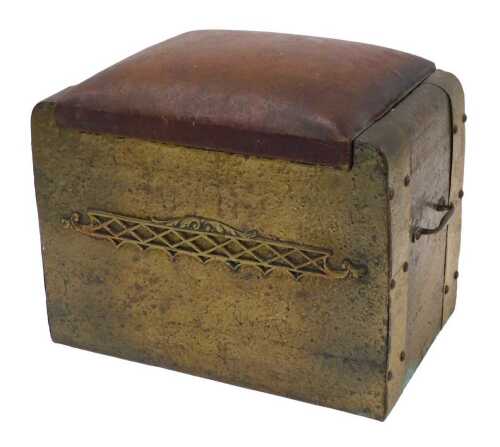 An early 20thC brass stool or shoe shine box, of rectangular form, with overstuffed leather seat...
