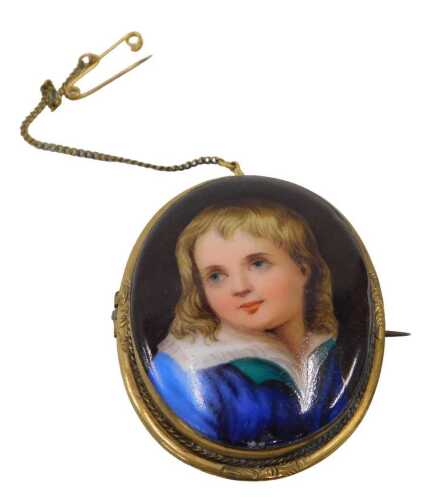 A 19thC brooch, of oval form, set with Berlin style plaque, child quarter profile, in gilt metal...