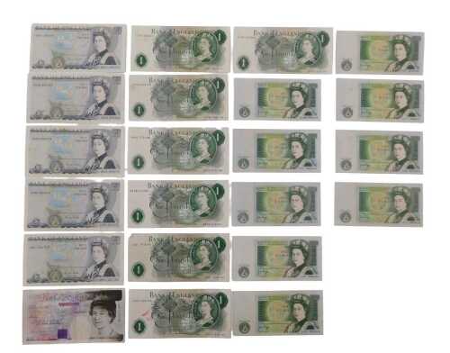 Various banknotes, one pound note Page A33, A73, etc., Fforde one pound T78A, Gill five pound...