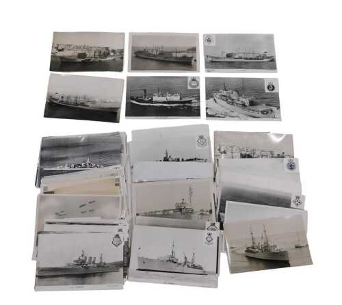 Various postcards, black and white ships, to include HMS Hecate, Endurance, RFA Olynthus,...