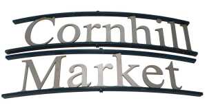 Lincoln Interest. Two metal signs, one reading Cornhill the other Market, each curved in green...