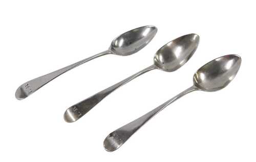 A set of three George III silver teaspoons, Old English pattern initialled ER, Peter & William...