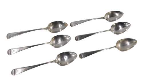 A set of six George III silver teaspoons, Old English pattern initialled W, by Thomas Wallis &...