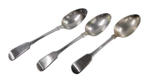 A set of three Victorian silver serving spoons, Fiddle pattern, by Samuel Haynes & Dudley Cater,...