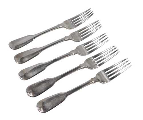 A set of five Victorian silver forks, Fiddle pattern, by Henry Holland, 1859, 18cm long, 9oz. (5)