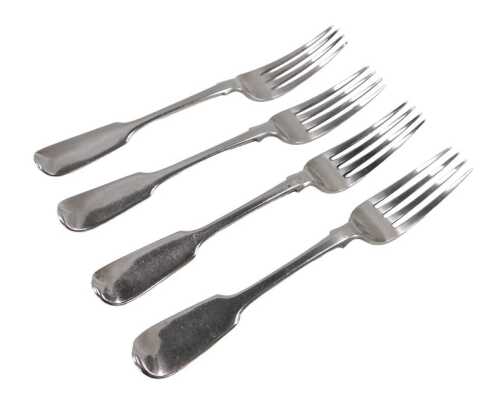 A set of four Victorian silver table forks, Fiddle pattern, London 1844, 21cm long, 9.4oz. (4)