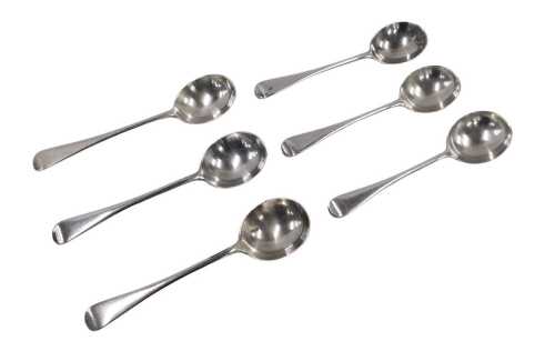 A set of six George V silver soup spoons, Old English pattern, by Higgins & Son Limited, London...