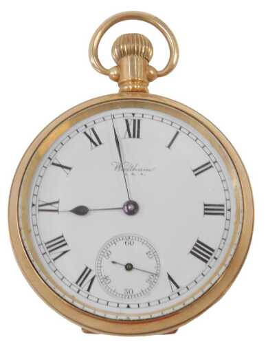 A 9ct gold cased Waltham pocket watch, the white enamel Roman numeric dial with blue hands and...