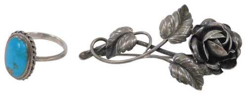A silver rose brooch, on single pin back, 6cm high, and a silver and turquoise dress ring, with...