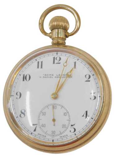 A H Samuel gold plated pocket watch, with white enamel Roman numeric dial, gold coloured hands...