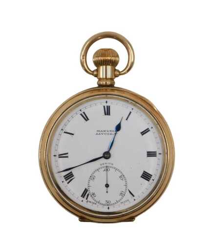 A 20thC gold plated pocket watch, with white enamel Roman numeric dial, blue hands and seconds...