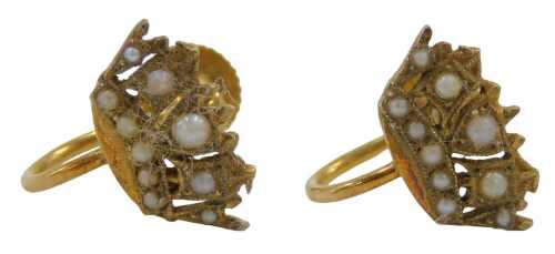 A pair of crown screw back earrings, each set with seed pearls, yellow metal stamped 9ct, 6mm...
