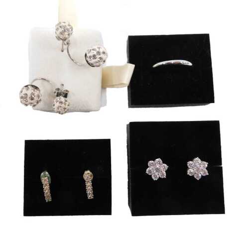 Two pairs of Pandora silver hoop earrings, a pair of unmarked ball drop earrings, boxed. (4)