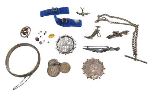 A group of Edwardian and later silver and other jewellery, comprising bar brooch, watch chain,...