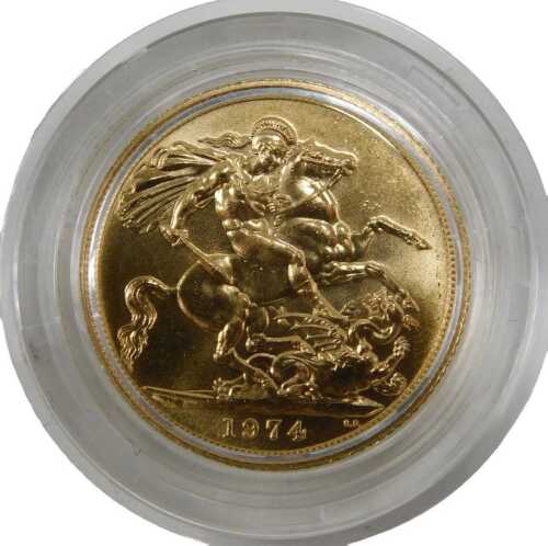 An Elizabeth II uncirculated full gold sovereign, dated 1974.