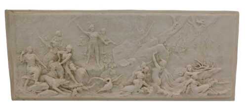 A bas-relief marble plaque, showing Diana in a naturalistic setting with other figures, 24cm x...