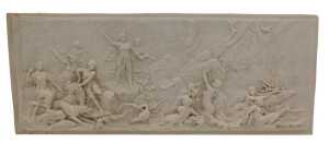 A bas-relief marble plaque, showing Diana in a naturalistic setting with other figures, 24cm x...