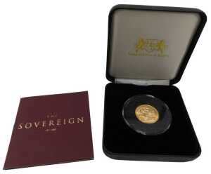 An Elizabeth II full gold sovereign, 1957, in proof style casing with Royal Mint The Sovereign...