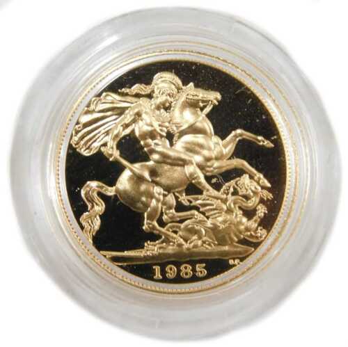 An Elizabeth II proof full gold sovereign, dated 1985.